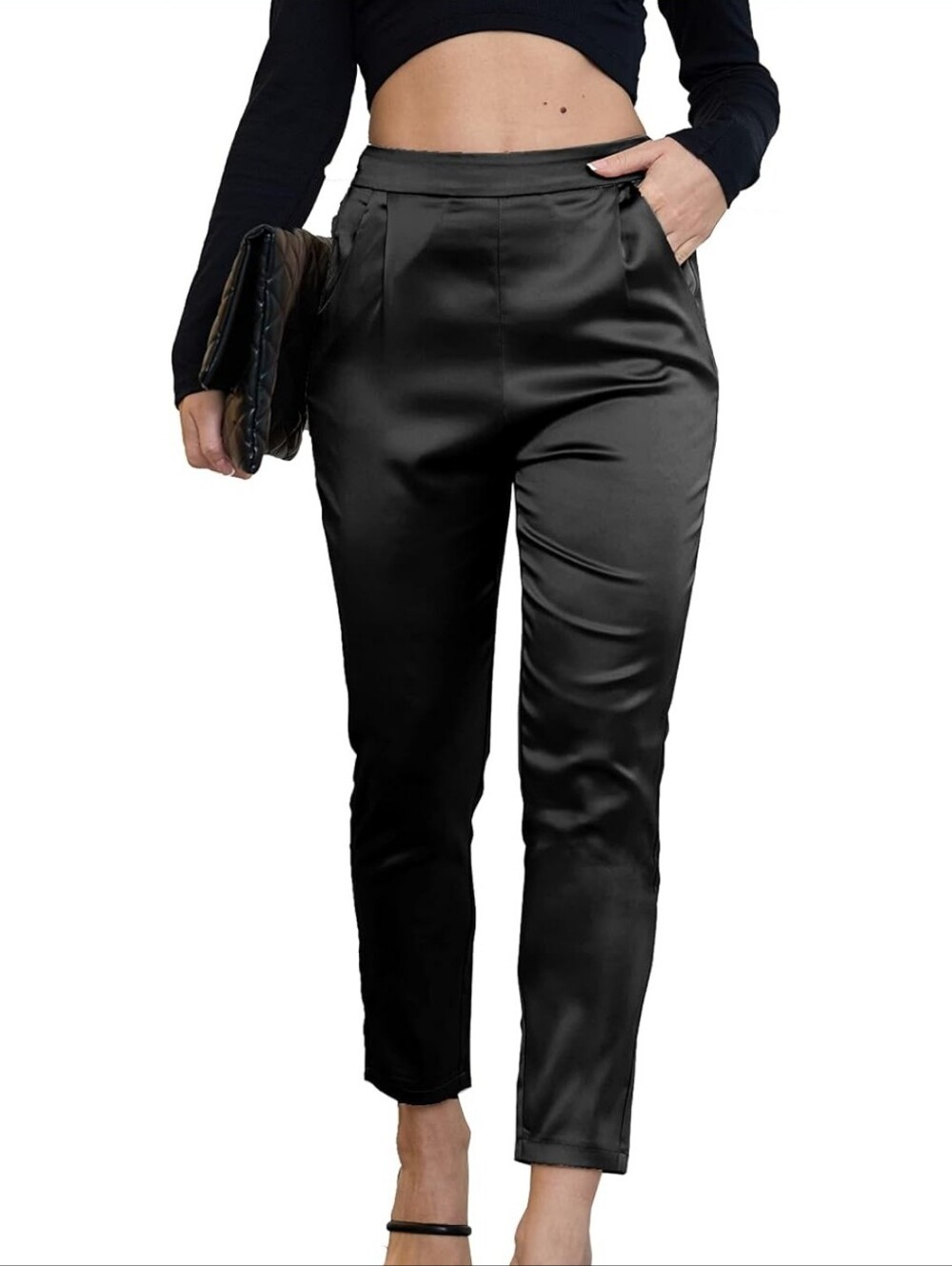 heipeiwa Satin Pants Dress Casual Pleated Pull on High Waist Pants Baggy Medium